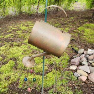 RUSTIC GARDEN WATERING CAN W/BELLS WIND CHIME 14" X 6.5" X 32" RUST FINISH